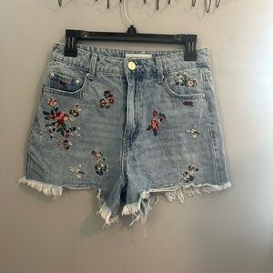 Embroidered Light Blue Jean Shorts